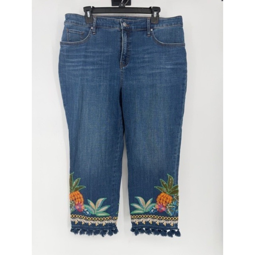 Chicos Pineapple Embroidered Sequins Tassel Slimming Girlfriend Leg Crop Jeans